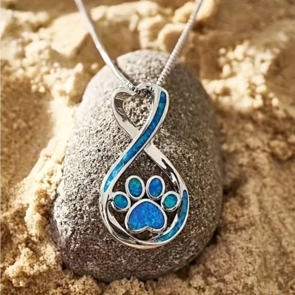 Infinity Heart Blue Paw Print Necklace NWT